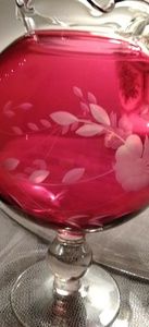 VINTAGE DARK CRANBERRY , WHITE ETCHED FLORAL VASE